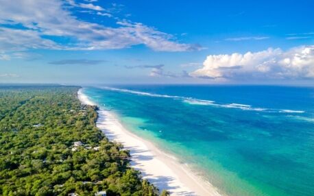 White sandy Diani Beach with trees on one side and the blue sea on the other