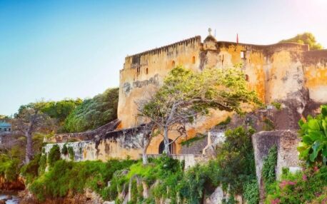 Fort Jesus in Mombasa old town with green trees