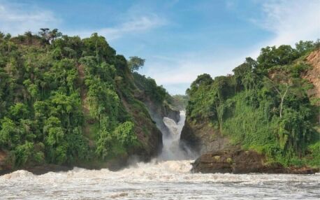 Murchison Falls waterfalls falling through gorge with green trees around