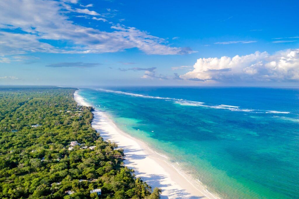 White sandy Diani Beach with trees on one side and the blue sea on the other