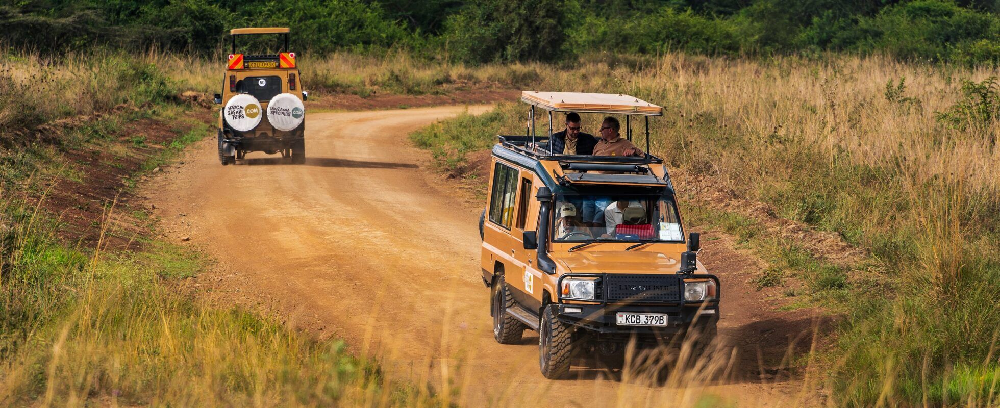 Two safari jeeps going in opposite directions with an open roof, grass on each side of the road and green hills in the background. One jeep has wheel covers with the logos of Africa Safari Trips and Tanzania Specialist