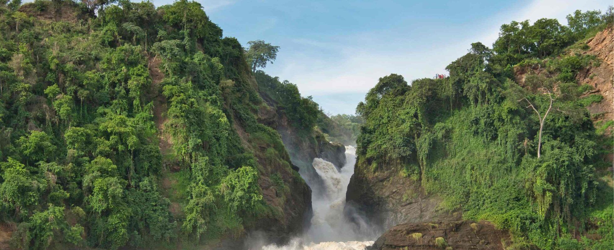 Murchison Falls waterfalls falling through gorge with green trees around