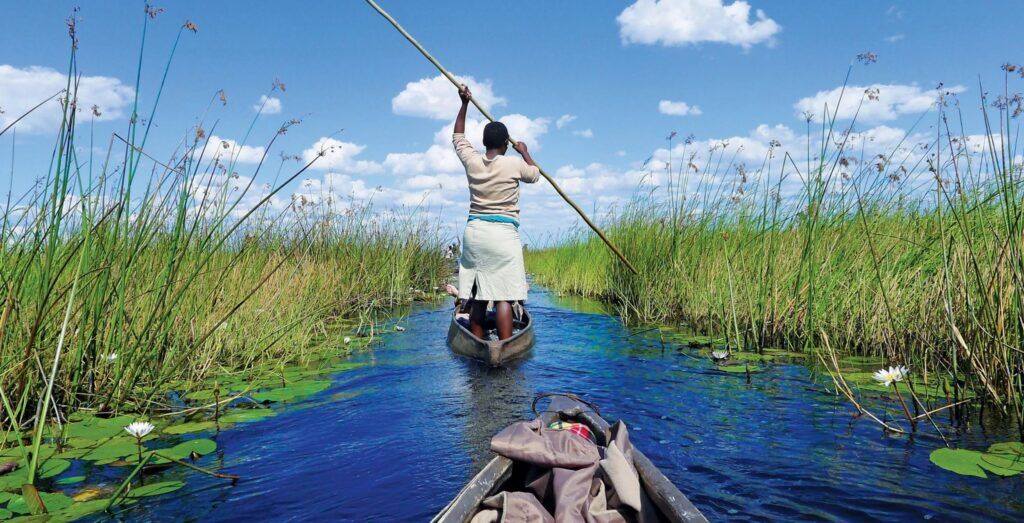 A woman guides her way through the waterway of the Okavango Delta with a larget stick