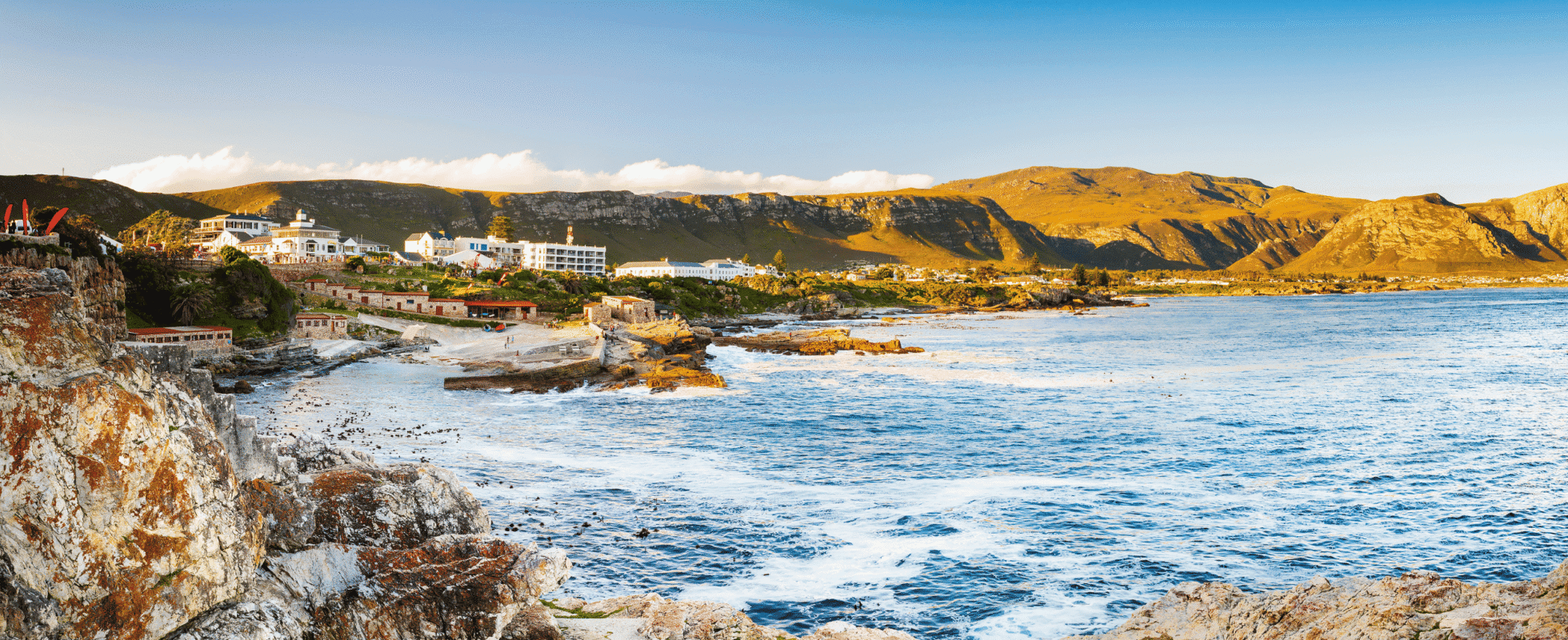 Waves crashing against the rocky coastline of Hermanus, South Africa.