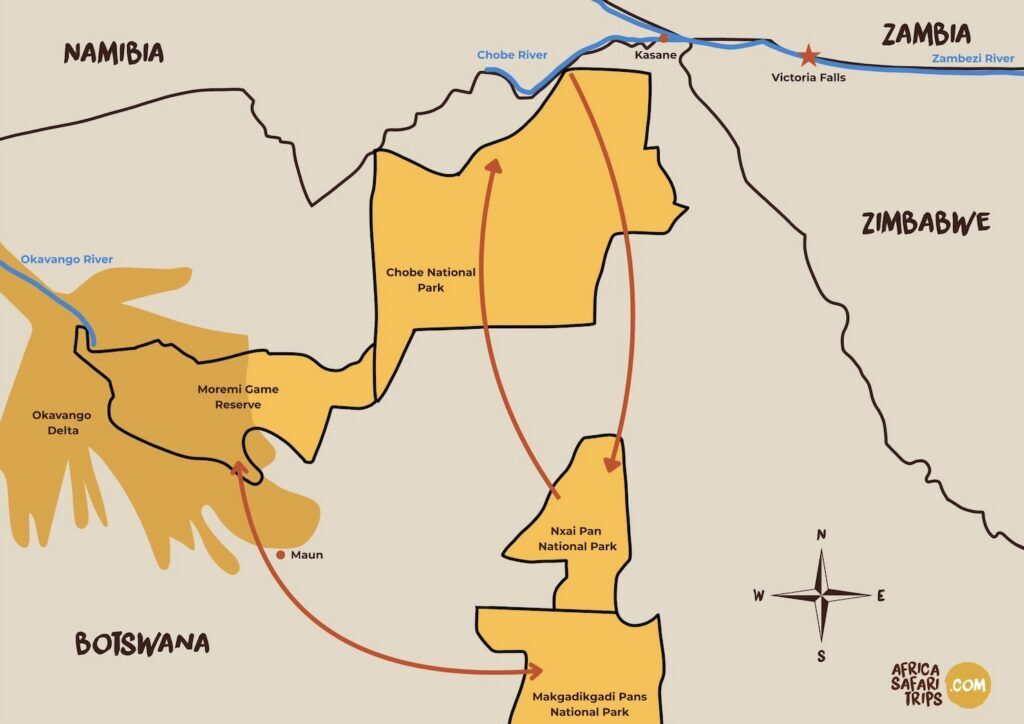 Map of Botswana Okavango Delta, Moremi Game Reserve, Chobe, Nxai Pan and Makgadikgadi Pans